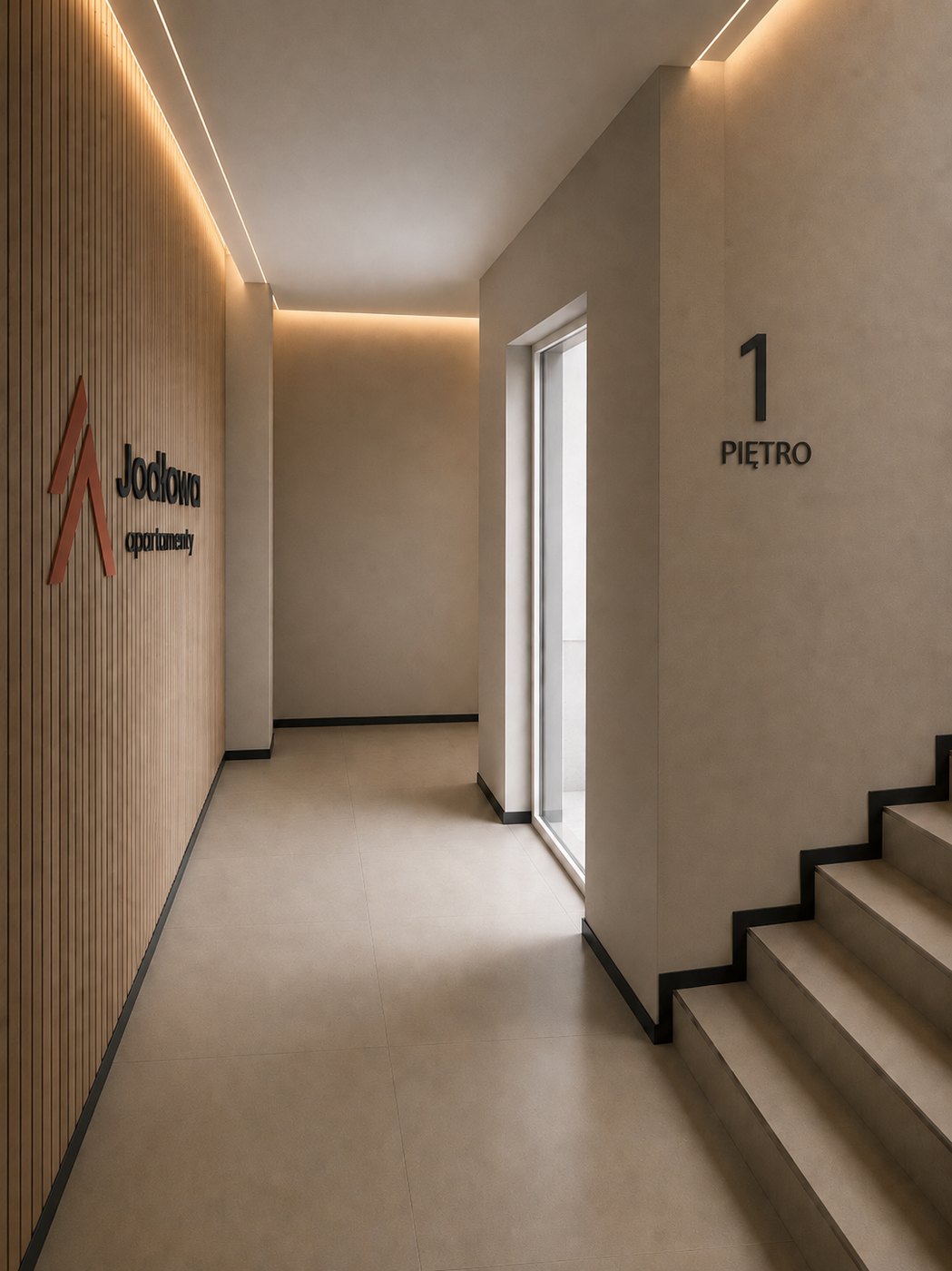 Klatka schodowa w Apartamentach Jodłowa — ściana z drewnianych lameli z logo inwestycji, ukryte oświetlenie LED i oznaczenie piętra